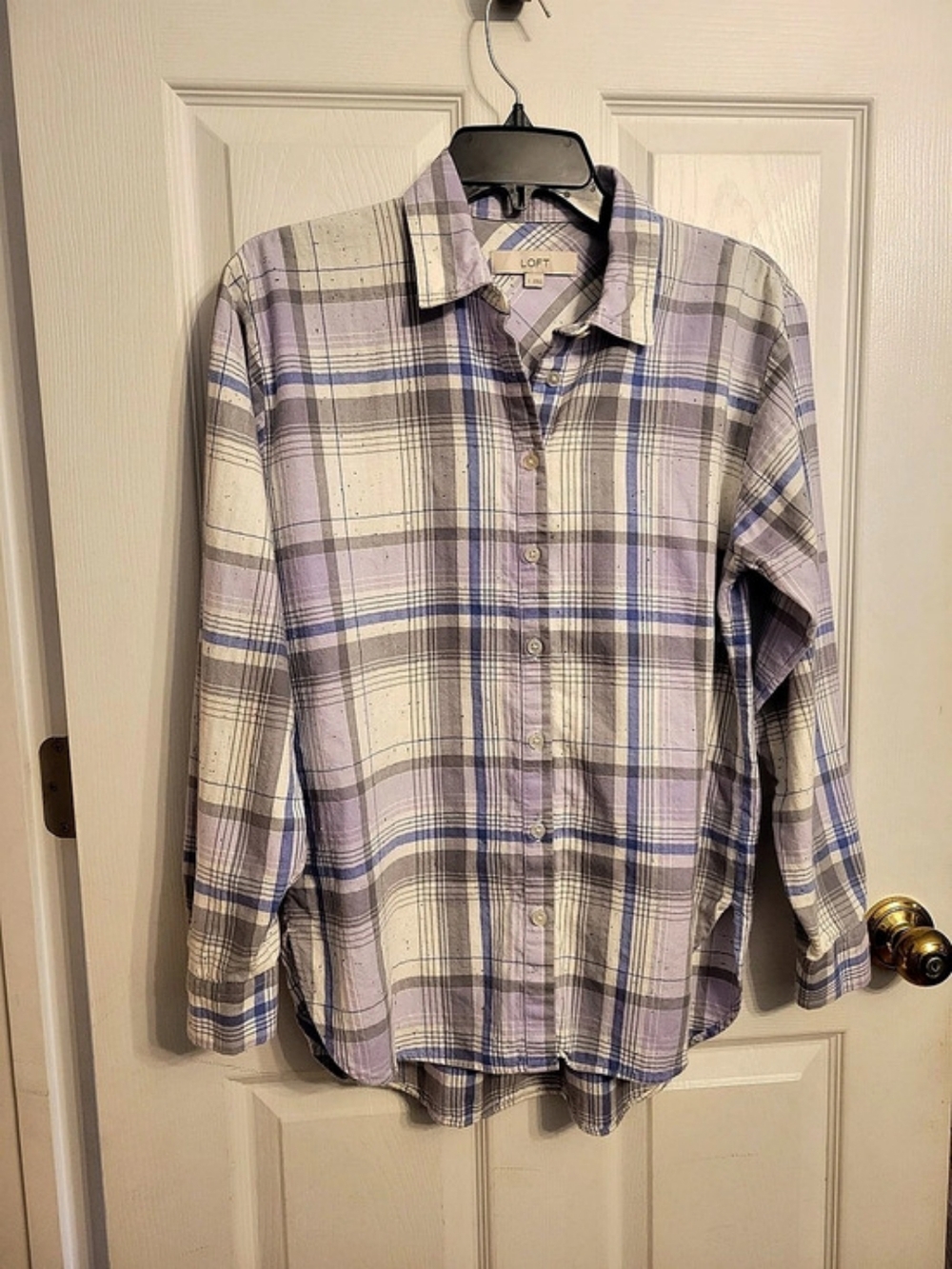 LOFT Plaid Button Down Shirt in Purple, Grey & Periwinkle Blue Size Small